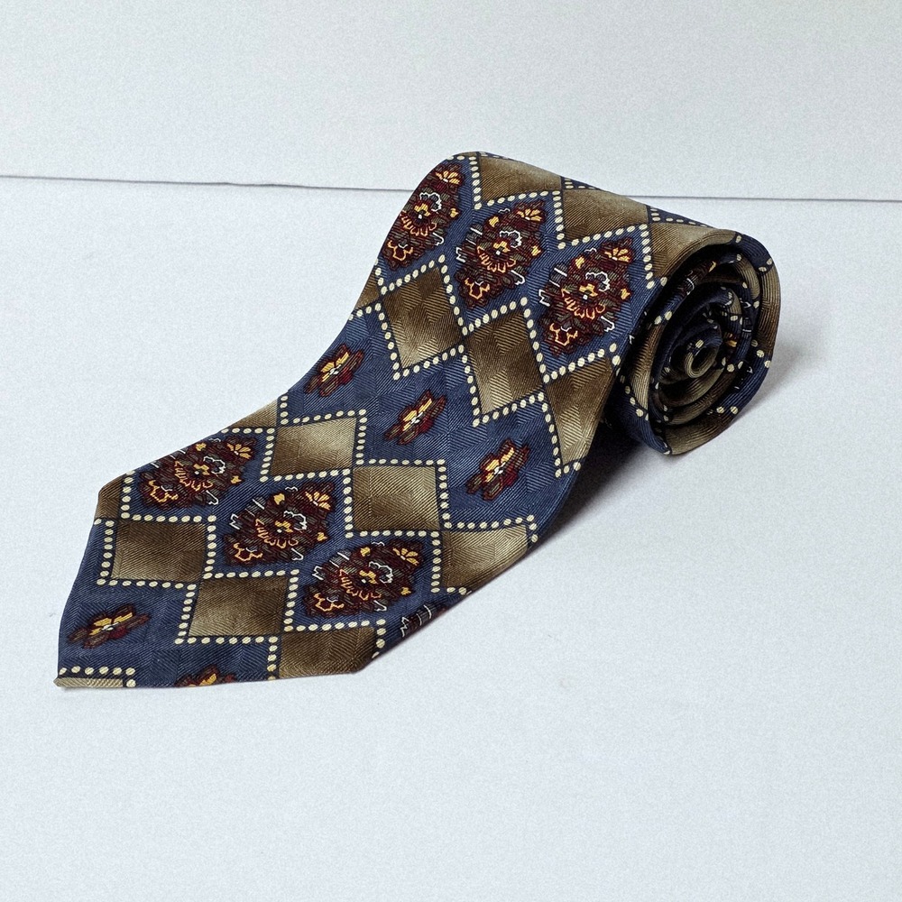 XMI‎ Men's Necktie Brown Blue Diamond Floral Pattern Business Formal Career